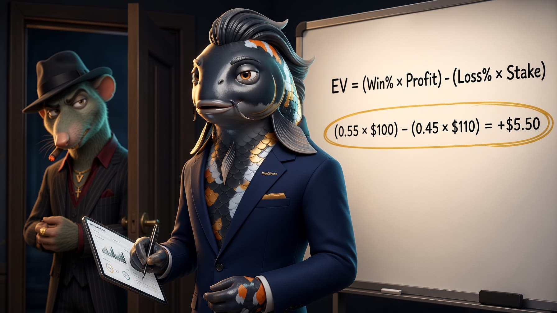 Billy the Koi at a whiteboard running through the EV formula, Vinny the Book peeking in from the doorway looking alarmed