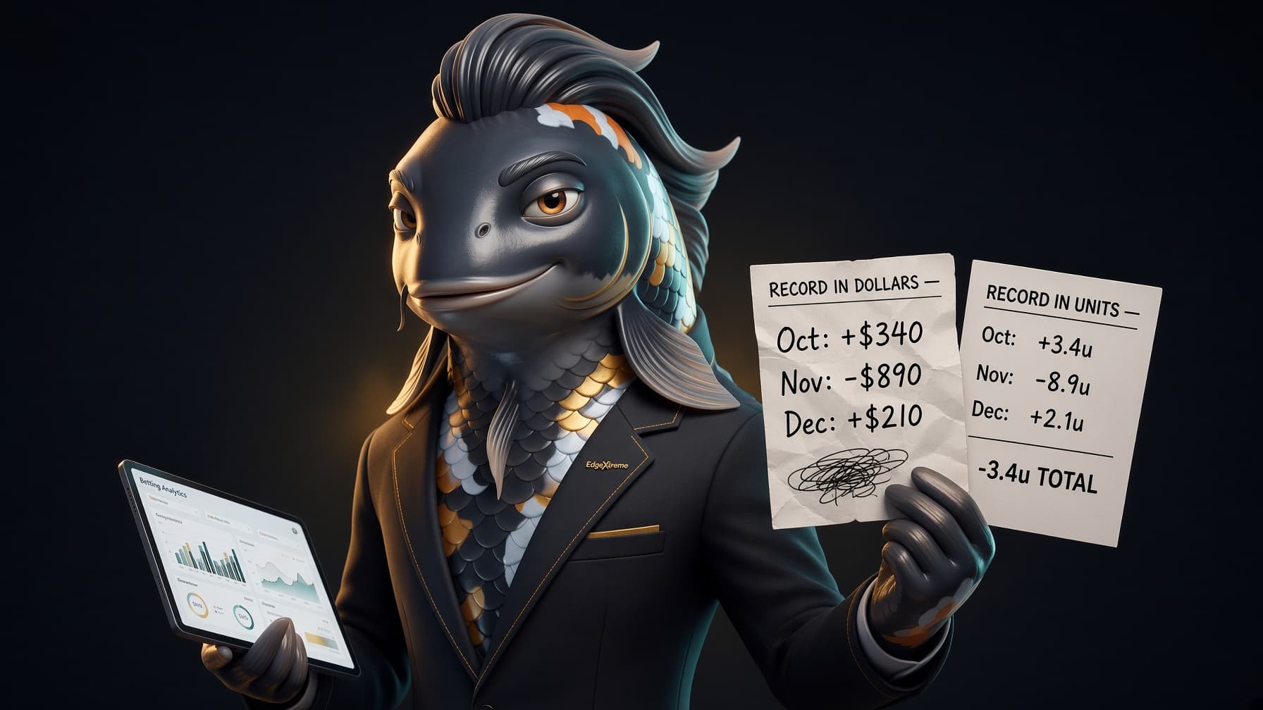 Billy the Koi holding two scorecards — one in dollars (looks messy, confusing) and one in units (clean, clear, comparable)